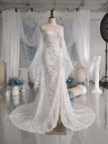 Load image into Gallery viewer, White Lace Pattern Wedding Dress with Draped Overlay, Off Shoulder Bridal Gown, Made to Measure