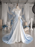 Load image into Gallery viewer, Light Blue Ombre One Shoulder Gown with Floral Details, Romantic Formal Dress, Made to Measure