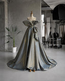 Load image into Gallery viewer, Gray Sculptural Off Shoulder Gown with Folded Petal Neckline, Formal Dress, Made to Measure