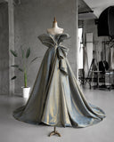 Load image into Gallery viewer, Gray Sculptural Off Shoulder Gown with Folded Petal Neckline, Formal Dress, Made to Measure