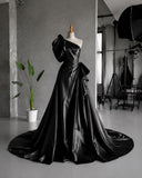 Load image into Gallery viewer, Black One Shoulder Evening Gown with Oversized Sleeve, Dramatic Formal Dress, Made to Measure