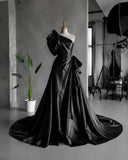 Load image into Gallery viewer, Black One Shoulder Evening Gown with Oversized Sleeve, Dramatic Formal Dress, Made to Measure
