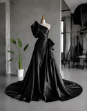 Load image into Gallery viewer, Black One Shoulder Evening Gown with Oversized Sleeve, Dramatic Formal Dress, Made to Measure