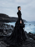 Load image into Gallery viewer, Black Long Sleeve Bridal Gown with Flowing Train, Gothic Wedding Dress for Formal Ceremony