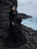 Load image into Gallery viewer, Black Long Sleeve Bridal Gown with Flowing Train, Gothic Wedding Dress for Formal Ceremony