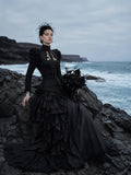 Load image into Gallery viewer, Black Long Sleeve Bridal Gown with Flowing Train, Gothic Wedding Dress for Formal Ceremony