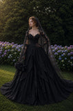 Load image into Gallery viewer, Black Lace Bridal Ball Gown with Long Train, Gothic Wedding Dress for Garden Ceremony