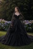 Load image into Gallery viewer, Black Lace Bridal Ball Gown with Long Train, Gothic Wedding Dress for Garden Ceremony