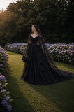 Load image into Gallery viewer, Black Lace Bridal Ball Gown with Long Train, Gothic Wedding Dress for Garden Ceremony