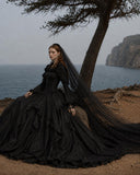 Load image into Gallery viewer, Black Gothic Wedding Dress with Elegant Train, Dark Romantic Bridal Gown
