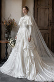 Load image into Gallery viewer, White Wedding Gown with Graceful Full Length Silhouette and Dramatic Bridal Train