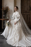 Load image into Gallery viewer, White Wedding Gown with Graceful Full Length Silhouette and Dramatic Bridal Train
