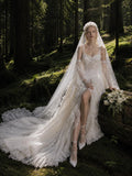 Load image into Gallery viewer, Ivory Wedding Gown with Graceful Full Length Silhouette and Dramatic Bridal Train