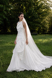 Load image into Gallery viewer, White Wedding Gown with Graceful Full Length Silhouette and Dramatic Bridal Train