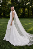 Load image into Gallery viewer, White Wedding Gown with Graceful Full Length Silhouette and Dramatic Bridal Train