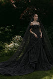 Load image into Gallery viewer, Black Alternative Wedding Gown with Flowing Train and Gothic Bridal Style