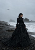 Load image into Gallery viewer, Black Gothic Bridal Gown with Dramatic Train, Alternative Wedding Dress