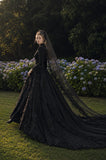 Load image into Gallery viewer, Black Gothic Bridal Gown with Dramatic Train, Alternative Wedding Dress