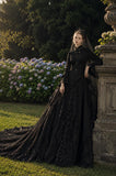 Load image into Gallery viewer, Black Gothic Bridal Gown with Dramatic Train, Alternative Wedding Dress