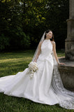 Load image into Gallery viewer, White Wedding Gown with Graceful Full Length Silhouette and Dramatic Bridal Train