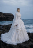 Load image into Gallery viewer, White Wedding Gown with Graceful Full Length Silhouette and Dramatic Bridal Train