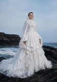 Load image into Gallery viewer, White Wedding Gown with Graceful Full Length Silhouette and Dramatic Bridal Train