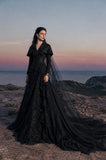 Load image into Gallery viewer, Black Gothic Bridal Gown with Dramatic Train, Alternative Wedding Dress