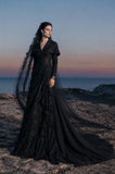 Load image into Gallery viewer, Black Gothic Bridal Gown with Dramatic Train, Alternative Wedding Dress