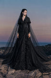 Load image into Gallery viewer, Black Gothic Bridal Gown with Dramatic Train, Alternative Wedding Dress