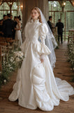 Load image into Gallery viewer, White Wedding Gown with Graceful Full Length Silhouette and Dramatic Bridal Train