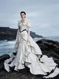 Load image into Gallery viewer, White Statement Wedding Dress with Flowing Skirt and Refined Bridal Silhouette