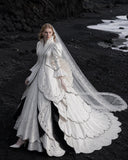 Load image into Gallery viewer, White Wedding Gown with Graceful Full Length Silhouette and Dramatic Bridal Train