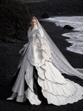 Load image into Gallery viewer, White Wedding Gown with Graceful Full Length Silhouette and Dramatic Bridal Train