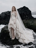 Load image into Gallery viewer, White Wedding Gown with Graceful Full Length Silhouette and Dramatic Bridal Train