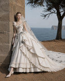 Load image into Gallery viewer, White Wedding Gown with Graceful Full Length Silhouette and Dramatic Bridal Train