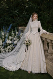 Load image into Gallery viewer, Ivory Wedding Gown with Graceful Full Length Silhouette and Dramatic Bridal Train