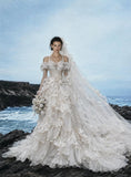 Load image into Gallery viewer, White Wedding Gown with Graceful Full Length Silhouette and Dramatic Bridal Train