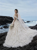 Load image into Gallery viewer, White Wedding Gown with Graceful Full Length Silhouette and Dramatic Bridal Train