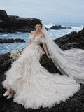Load image into Gallery viewer, White Wedding Gown with Graceful Full Length Silhouette and Dramatic Bridal Train