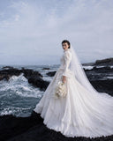 Load image into Gallery viewer, White Bridal Gown with Flowing Train, Elegant Wedding Dress for Formal Ceremony