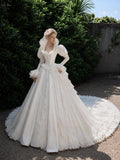 Load image into Gallery viewer, White Wedding Gown with Graceful Full Length Silhouette and Dramatic Bridal Train