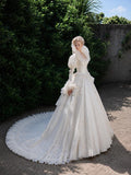 Load image into Gallery viewer, White Wedding Gown with Graceful Full Length Silhouette and Dramatic Bridal Train