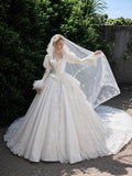 Load image into Gallery viewer, White Wedding Gown with Graceful Full Length Silhouette and Dramatic Bridal Train