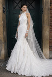 Load image into Gallery viewer, White Wedding Gown with Graceful Full Length Silhouette and Dramatic Bridal Train
