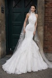 Load image into Gallery viewer, White Wedding Gown with Graceful Full Length Silhouette and Dramatic Bridal Train