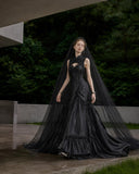 Load image into Gallery viewer, Black Gothic Bridal Gown with Dramatic Train, Alternative Wedding Dress
