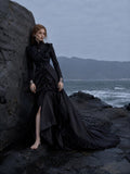 Load image into Gallery viewer, Black Alternative Wedding Gown with Flowing Train and Gothic Bridal Style