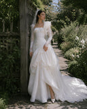 Load image into Gallery viewer, White Wedding Gown with Graceful Full Length Silhouette and Dramatic Bridal Train
