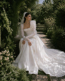 Load image into Gallery viewer, White Wedding Gown with Graceful Full Length Silhouette and Dramatic Bridal Train