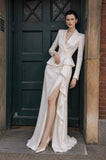 Load image into Gallery viewer, Ivory Blazer Dress with Slit, Tailored Formal Gown for Reception and Evening Event